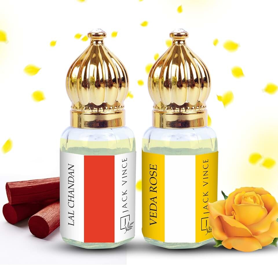 818rUkIweL._AC_UL960_QL65_.jpg Lal Chandan & Veda Rose Attar Combo | Long Lasting Alcohol-Free Perfume for Men & Women | For Temple, Pooja, Meditation, Gifting, Wedding & Festive Use | 6ml Each - Image 1