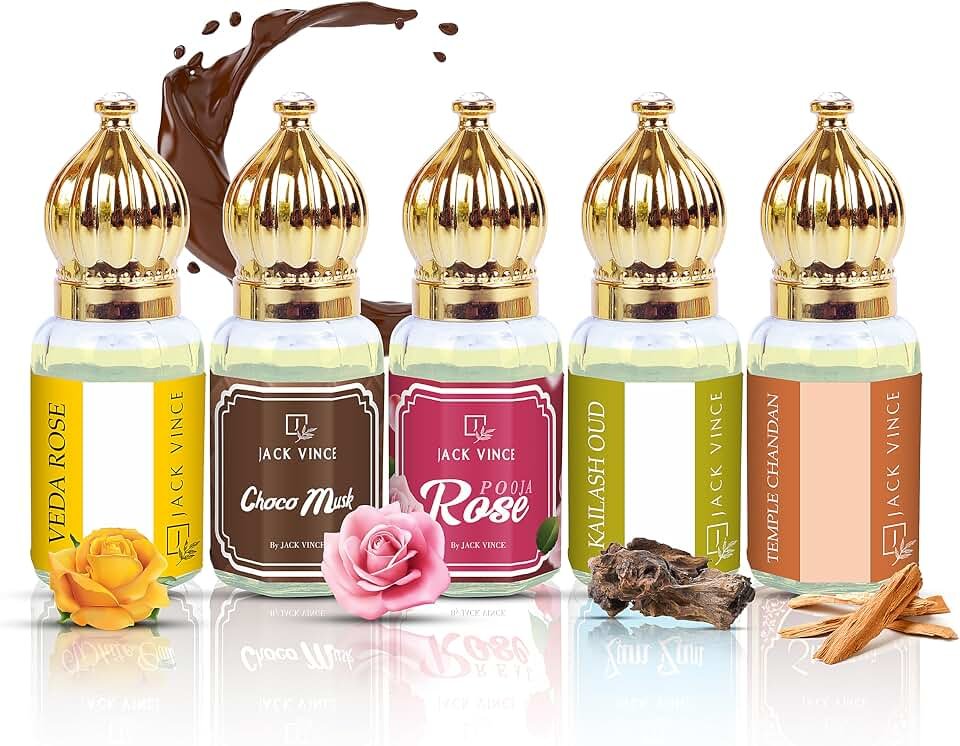 81d-577Pa6L._AC_UL960_QL65_.jpg Veda Rose, Choco Musk, Pooja Rose, Kailash Oud, Pure Mysore Sandal 5PC Attar Combo | Alcohol-Free Long Lasting Perfume for Men & Women | For Prayer, Gifting, Daily Use | 6ml Each - Image 1