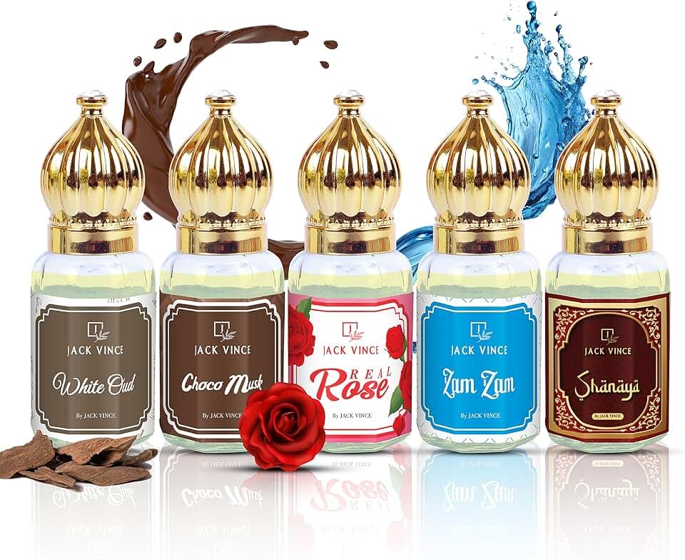 9119-YgvFnL._AC_UL960_QL65_.jpg White Oud, Choco Musk, Real Rose, Zam-Zam, Shanaya 5PC Attar Combo | Long Lasting Alcohol-Free Perfume for Men & Women | For Prayer, Office, Wedding, Gifting, Daily Use | 6ml Each - Image 1